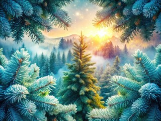 Double exposure reveals winter wonderland; evergreen fir branches intertwined overhead.