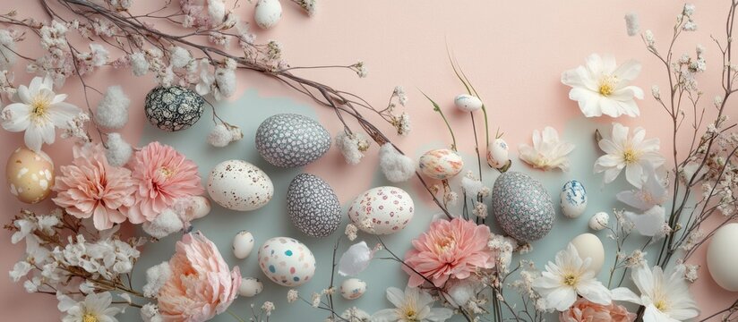 Easter themed flat lay with spring flowers and decorative eggs on a pastel background perfect for seasonal celebrations and promotions