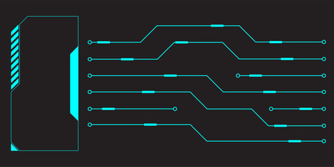 HUD digital futuristic user interface horizontal frame. Sci Fi high tech screen. Cyberpunk game menu touching monitoring hologram dashboard panel. Cyberspace head-up display information vector border