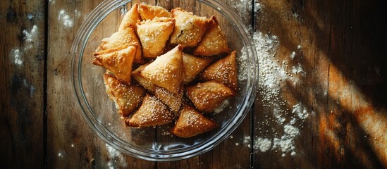 Golden-brown samosas served in a glass plate with sesame seeds on a rustic wooden surface creating an inviting snack presentation.