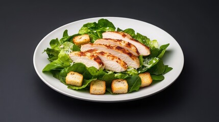 A vibrant salad featuring grilled chicken slices atop fresh spinach, complemented by croutons, all presented on a white plate against a dark background.