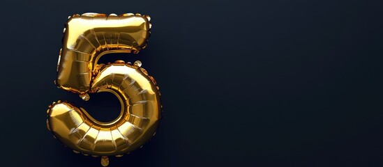Golden foil number 5 balloon on dark background for birthday party celebration sale promotion with empty space for your text.