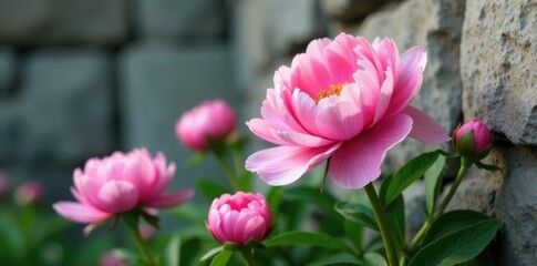 Obraz premium Delicate pink peonies bloom on a gray stone wall, flowers, flowers in pot, garden