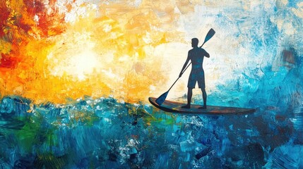 Abstract paddle boarding silhouette against a textured colorful sunset painting