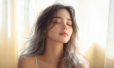 Naklejka premium Serene Portrait of Young Asian Woman with Long Hair in Soft Natural Light Minimalist Style