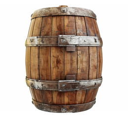 Obraz premium Old, wooden wine barrel with rusty metal bands isolated on white background.