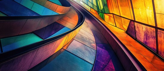 Fototapeta premium Colorful geometric patterns in abstract architecture showcasing vibrant curves and sharp angles reflective of modern design principles.