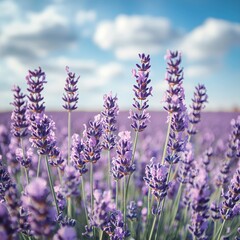Naklejka premium Serene Lavender Field Under Clear Blue Sky with Fluffy Clouds