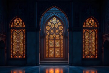 Obraz premium Photo of a mosque's arched windows with intricate patterns that glow in the dark with copy space
