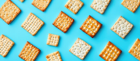 Cracker pattern arrangement on vibrant blue background showcasing a variety of textures and shapes for culinary design inspiration.