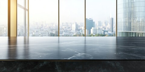Fototapeta premium Elegant black marble tabletop with expansive city view through glass windows ideal for showcasing text or product advertising space.