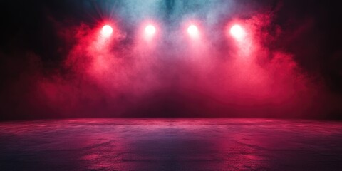 Fototapeta premium Empty Stage Surrounded by Fog and Red Spotlights Highlighting Empty Space for Text or Performance