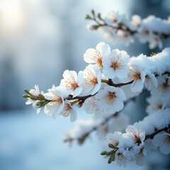 Obraz premium Snowy eucalyptus and white flowers arrangement, snowy scene,
