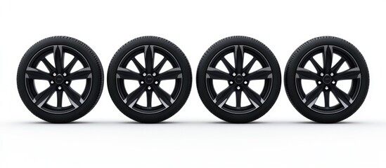 Fototapeta premium Four black car wheels with rubber tires and alloy rims isolated on a white background for automotive advertisements and marketing materials.