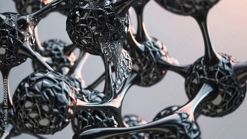 Poster A close-up of a complex molecular structure with textured spherical nodes connected by organic strands.