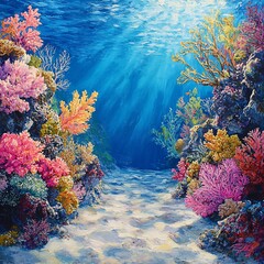 Naklejka premium Vibrant Coral Reef Scene Underwater with Sunlight and Marine Life