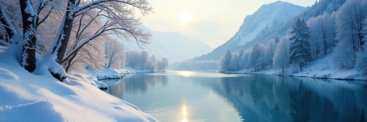 Glanzender Wassertropfen an der Basis eines schneebedeckten Berges, peaceful landscape, winter wonderland
