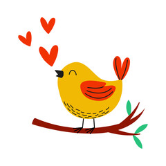 An adorable happy yellow bird is perched on a branch surrounded by lovely love hearts