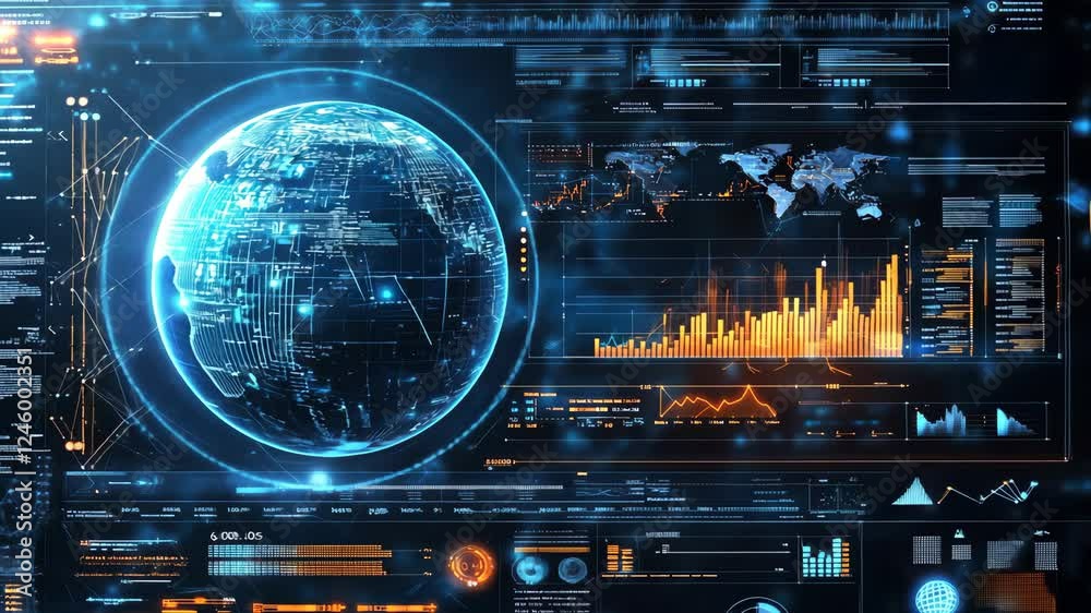 Poster dynamic global data visualization with rotating digital earth and analytics
