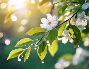Fototapeta premium A serene spring morning with dewdrops glistening on fresh green leaves, soft sunlight filtering through the branches, creating a peaceful and calming natural scene.