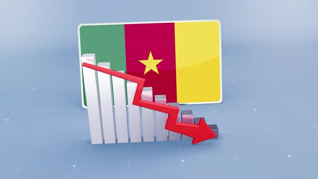 Cameroon country flag and bar chart graph showing decreasing values a red arrow economic crisis concept. Flag of Cameroon