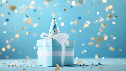 A festive blue gift box with a white ribbon and party hat, surrounded by colorful confetti, celebrating a special occasion like a birthday or holiday event.
