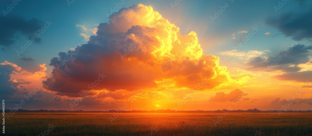 Wall mural golden sunset with vibrant clouds illuminating the sky over a serene landscape, creating a breathtak