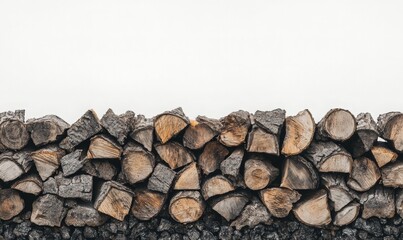 Stacked Firewood Against a White Background for Rustic Decor or Heating Use - Ideal for Home Decor, Cozy Atmospheres, and Seasonal Themes.