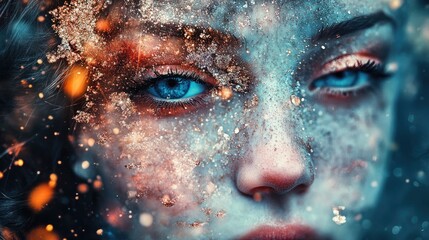 Naklejka premium A mesmerizing close-up portrait of a woman adorned with shimmering glitter and vibrant colors