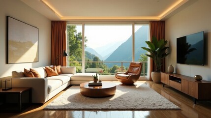 Fototapeta premium Serene Mountain View Living Room Design with Modern Furniture and Luxurious Decor