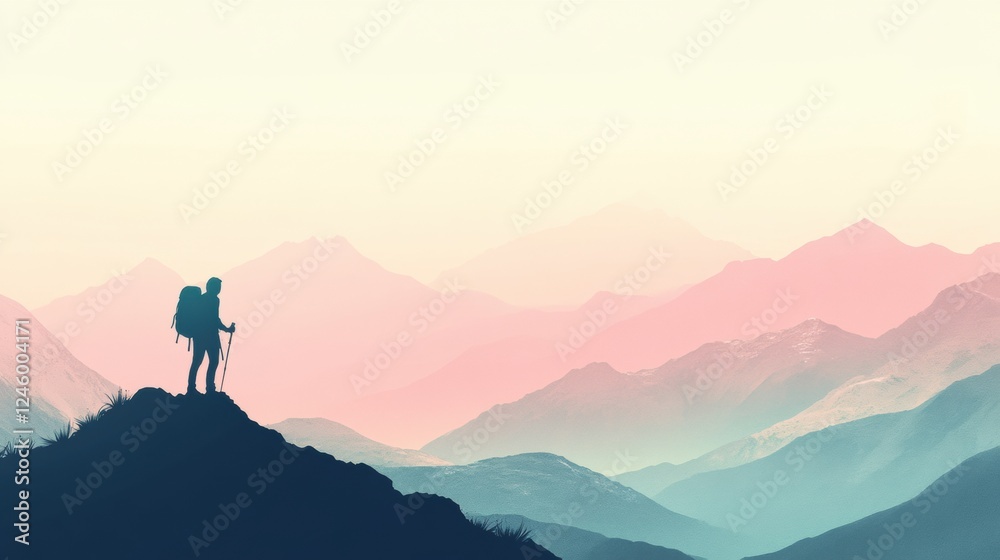 Poster silhouette of a hiker on a mountain ridge during sunset with room for text. generative ai