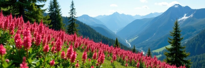 Fototapeta premium Blooming fireweed on mountain slope amidst spruce trees, landscape, fireweed, spruce