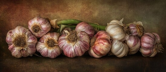 Fresh garlic bulbs arranged artistically with a textured background showcasing selective focus and rich, earthy tones.