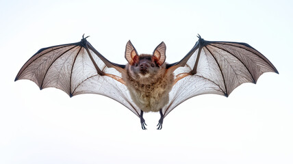 Realistic Bat in Mid-Flight with Detailed Wings Spread Wide, Focused on Its Facial Features, Set Against a Clean White Background, Capturing the Grace and Intricacy of the Bat's Movement and Anatomy