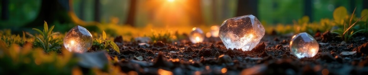 Glassy crystals scattered on the forest floor at sunset, , foliage, crystal