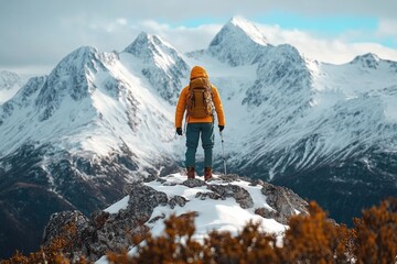 Hiker in Bright Yellow Jacket on Rocky Peak Overlooking Snowy Mountains with Glacier