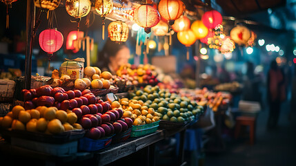 A vibrant night market scene showcasing a variety of fresh fruits and colorful lanterns. The atmosphere is lively and inviting, with shoppers exploring the diverse produce.