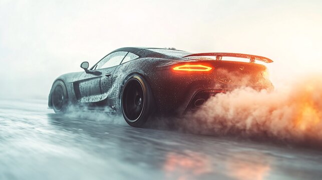 Powerful Sports Car Racing on Wet Street with Smoke and Light Effects