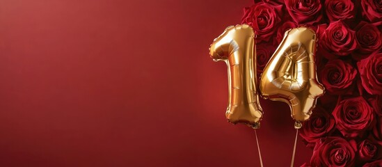 Gold number 14 birthday balloon on a vibrant red rose background with ample copy space for personalized text and messages