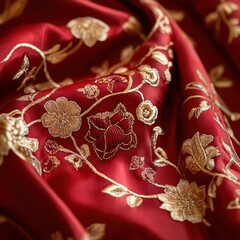 Red silk fabric with gold embroidery and zen papaya design showcasing intricate textile craftsmanship