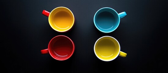 Four vibrant colored cups arranged in a circular layout illuminated from above on a black background with ample copy space for text insertion