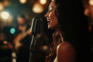 Beautiful woman singing in jazz club in to a microphone. Party lights in the blurred background	