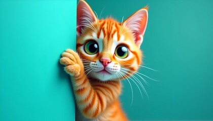 明るいシアン色の背景に遊び心いっぱいのオレンジ色のタビー猫がいるポートレート。元気で愛らしい表情が魅力的で、猫好きに癒しと喜びを与える写真。