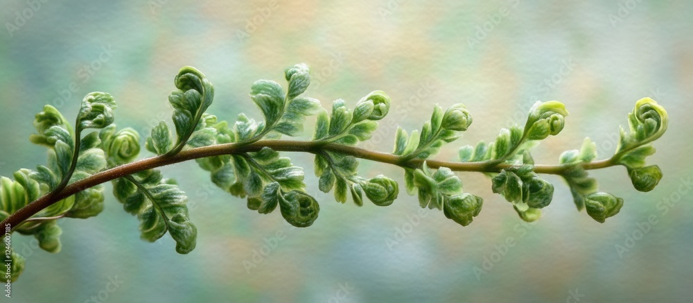 Wall mural elegant fern branch illuminated at dusk with soft bokeh in the background showcasing intricate green