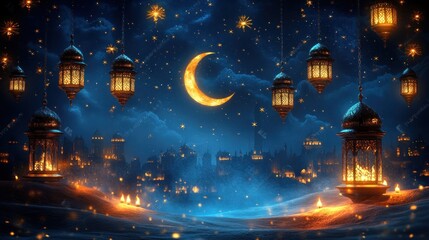Festive Night, Crescent Moon, Cityscape, Lanterns, Celebration