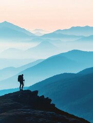 Fototapeta premium Silhouette of a hiker on a mountain ridge with stunning views at sunrise. Generative AI