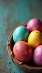 Speckled & swirled egg shells, rainbow tones, rustic wood, art, beautiful