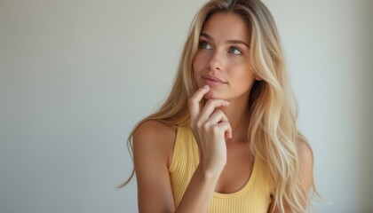 Fototapeta premium A thoughtful young woman with flowing blonde hair gazes upward, her finger resting on her chin in a moment of reflection. The soft, neutral background enhances her serene expression, inviting viewers