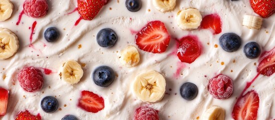 Delicious fruit yogurt ice cream with fresh strawberries bananas and blueberries textured dessert background close up for culinary designs