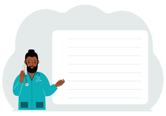 A male doctor holds pills in his hand. There is space for text next to it. Vector flat illustration.